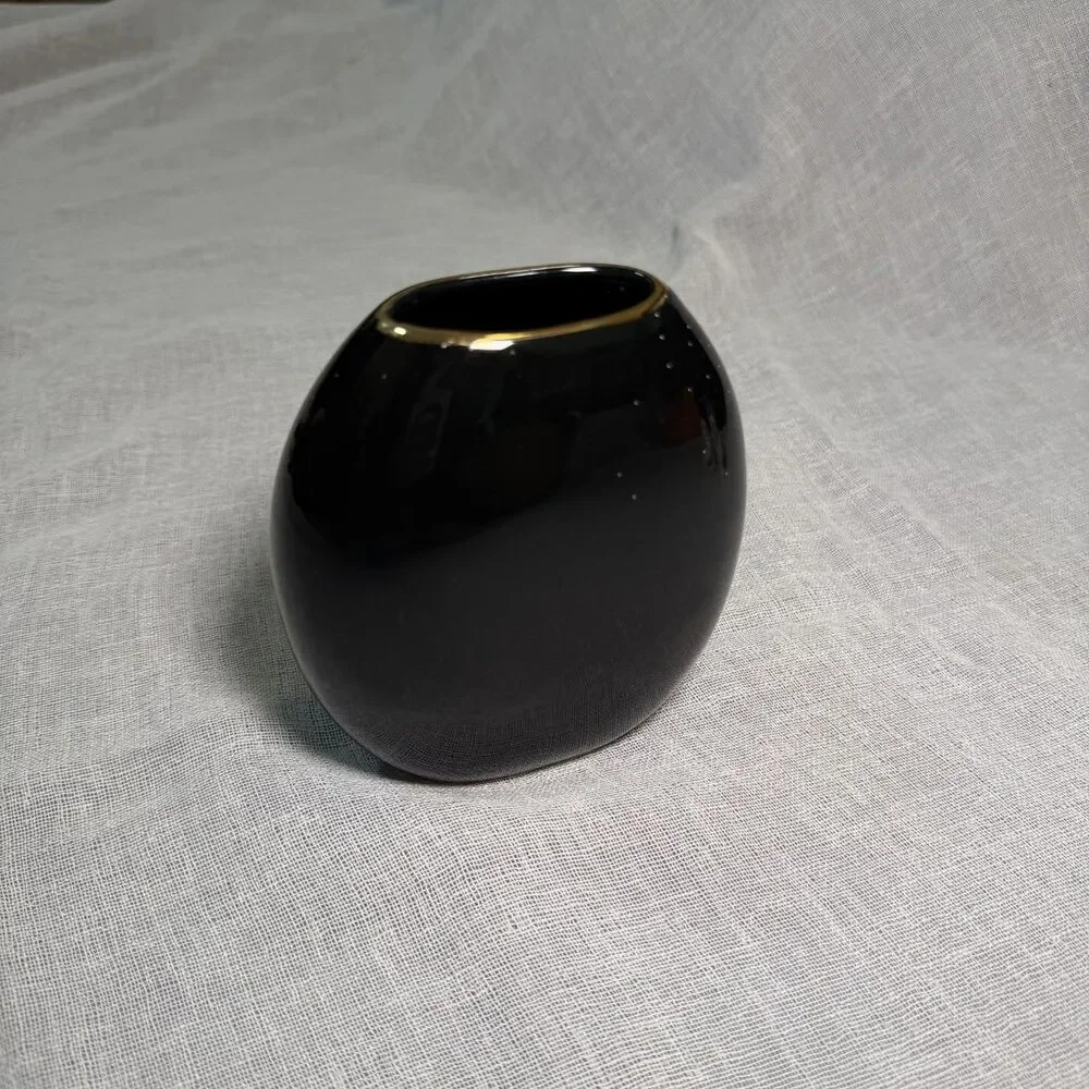 Vintage Japanese Chokin Black 5” Vase 24K Gold Iris Butterfly Made in Japan